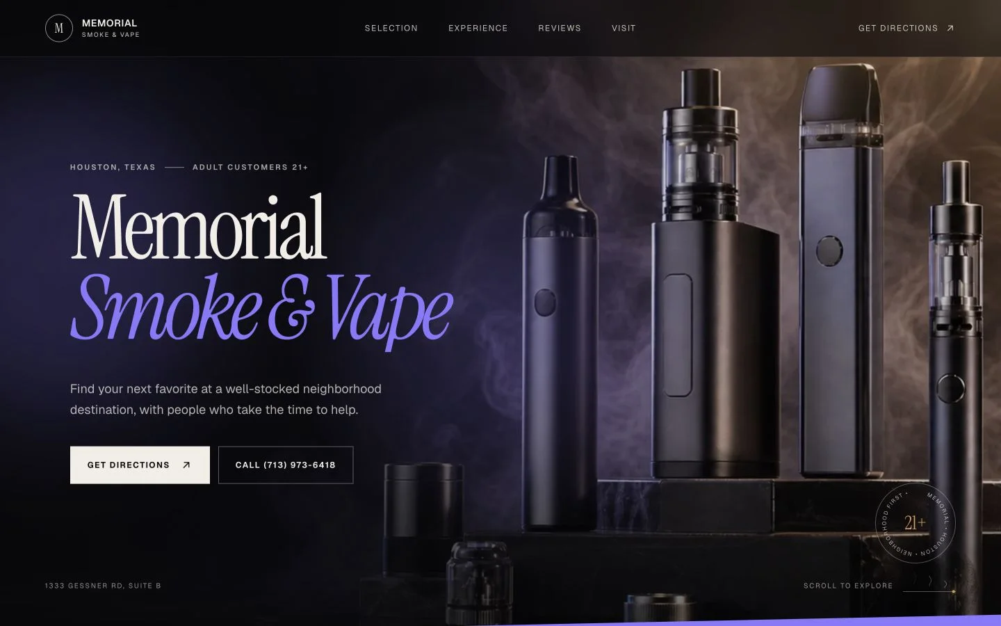 Desktop homepage of the Memorial Smoke & Vape website created by MJ Enterprise Solutions.